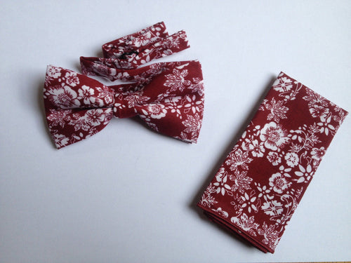 Burgundy Paisley Floral Bow Tie & Pocket Square Set Bow Tie + Square JayKirbyTies 