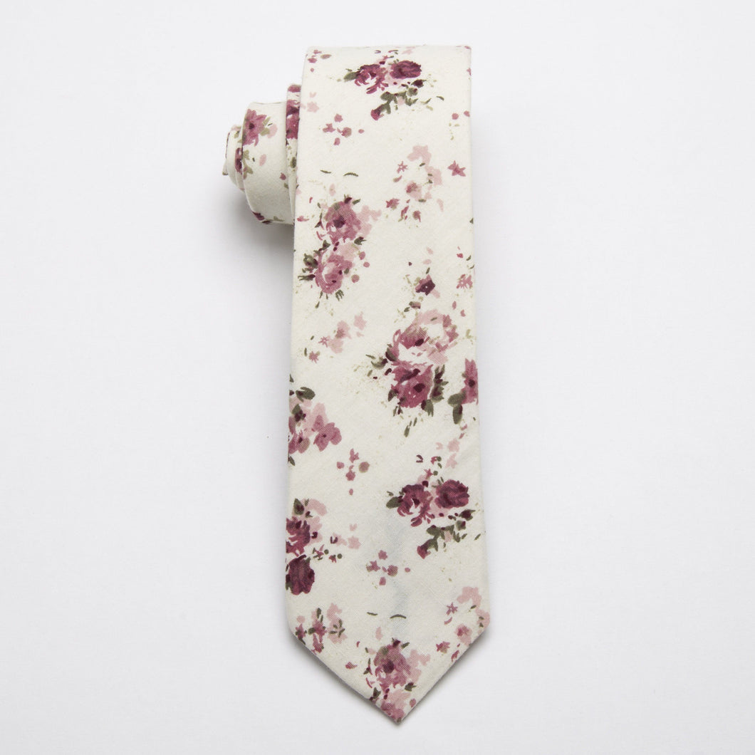 Beige Cream Floral Skinny Tie Neckties JayKirbyTies 