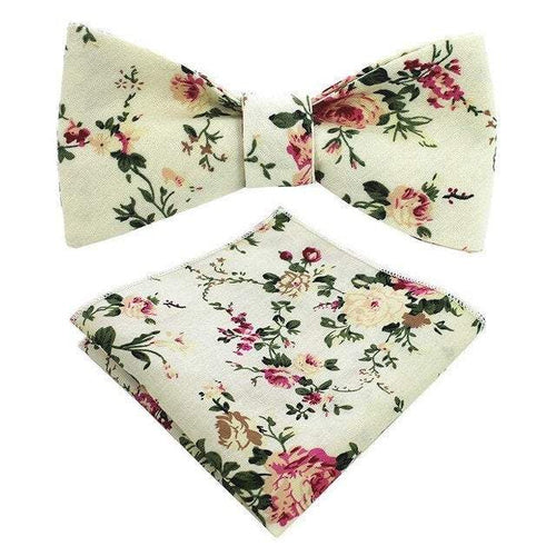 Beige Floral Bow Tie & Pocket Square Set Bow Tie + Square JayKirbyTies 