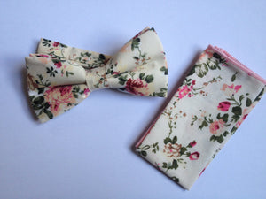 Beige Floral Bow Tie & Pocket Square with Pink Piping Bow Tie + Square JayKirbyTies 