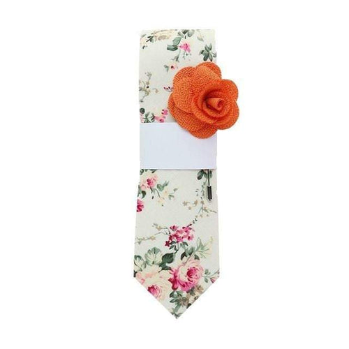 Beige Floral Skinny Tie & Lapel Pin Tie + Lapel Pin JayKirbyTies 