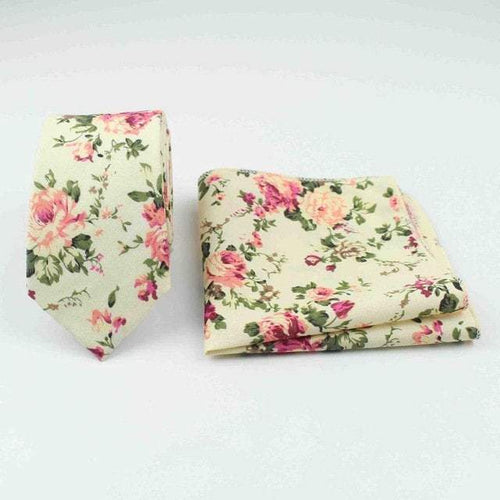 Beige Floral Skinny Tie & Pocket Square Tie + Square JayKirbyTies 