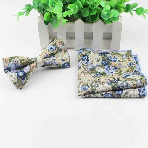 Beige/Blue Floral Bow Tie & Pocket Square Bow Tie + Square JayKirbyTies 