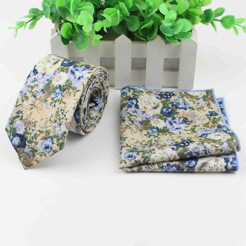 Beige/Blue Floral Skinny Tie & Pocket Square Tie + Square JayKirbyTies 
