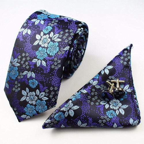 Black Blue Purple Floral Skinny Tie + Pocket Square + Cufflinks Tie + Square JayKirbyTies 