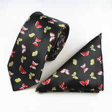 Load image into Gallery viewer, Black Butterfly Skinny Tie &amp; Pocket Square Tie + Square JayKirbyTies 