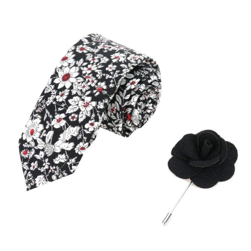 Black Floral Skinny Tie & Lapel Pin Tie + Lapel Pin JayKirbyTies 
