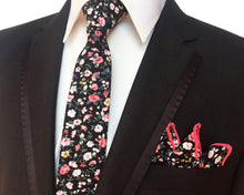 Load image into Gallery viewer, Black Floral Skinny Tie &amp; Pocket Square Tie + Square JayKirbyTies 