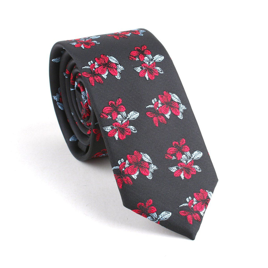 Black & Red Floral Skinny Tie Neckties JayKirbyTies 