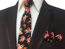 Load image into Gallery viewer, Black Skinny Floral Tie + Square Tie + Square JayKirbyTies 