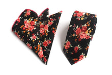 Load image into Gallery viewer, Black Skinny Floral Tie + Square Tie + Square JayKirbyTies 