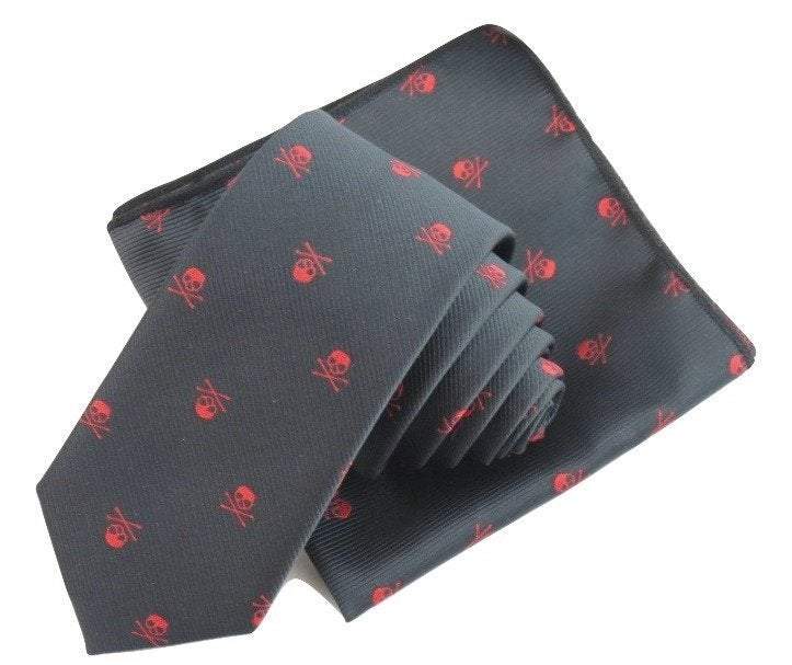 Black/Red Skull Crossbones Tie & Pocket Square Tie + Square JayKirbyTies 
