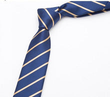 Load image into Gallery viewer, Blue &amp; Gold Striped Skinny Tie Neckties JayKirbyTies 