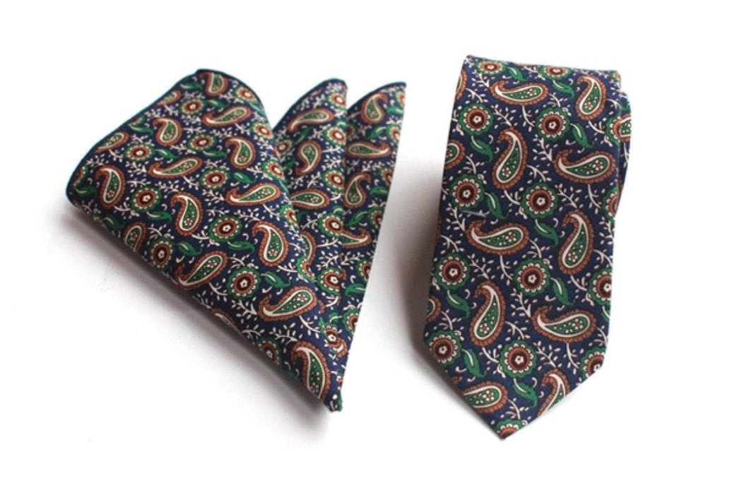 Blue Green Skinny Paisley Tie + Square Tie + Square JayKirbyTies 