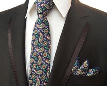 Load image into Gallery viewer, Blue Green Skinny Paisley Tie + Square Tie + Square JayKirbyTies 