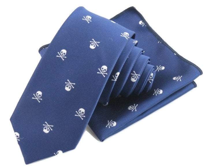 Blue Skull Crossbones Tie & Pocket Square Tie + Square JayKirbyTies 
