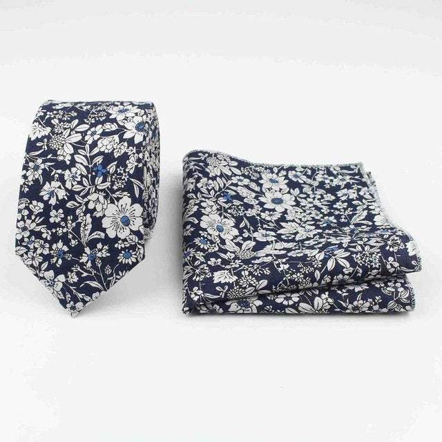 Blue & White Skinny Floral Tie + Square Tie + Square JayKirbyTies 