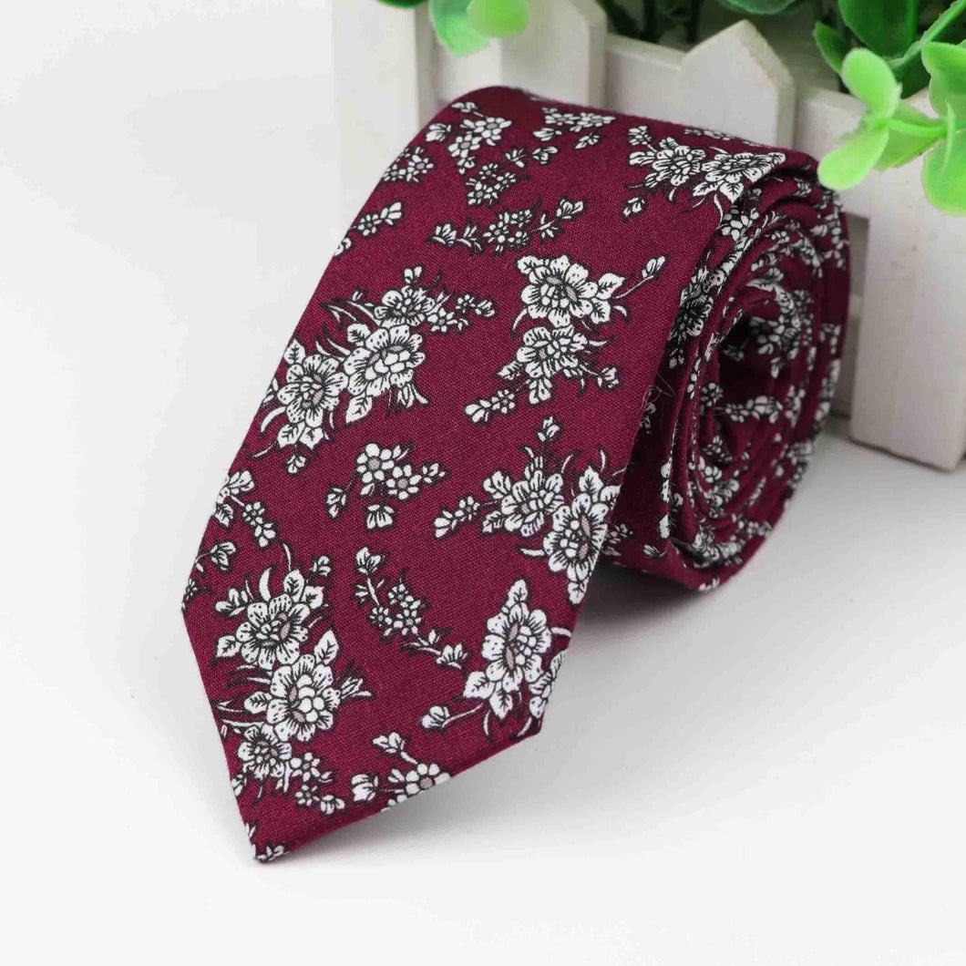 Burgundy Floral Skinny Tie Neckties JayKirbyTies 