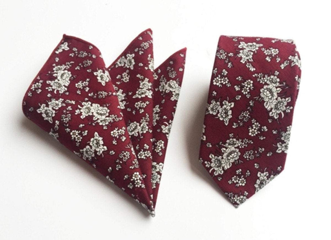 Burgundy Skinny Floral Tie + Square Tie + Square JayKirbyTies 