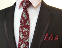 Load image into Gallery viewer, Burgundy Skinny Floral Tie + Square Tie + Square JayKirbyTies 