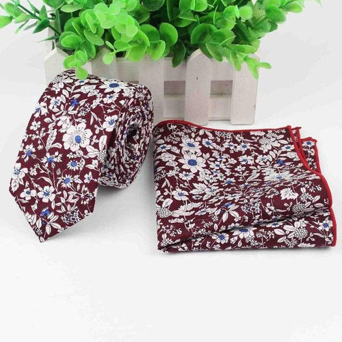 Burgundy Skinny Floral Tie + Square Tie + Square JayKirbyTies 