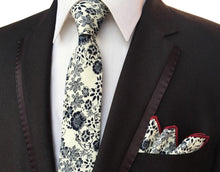 Load image into Gallery viewer, Cream &amp; Blue Skinny Floral Tie Neckties JayKirbyTies 