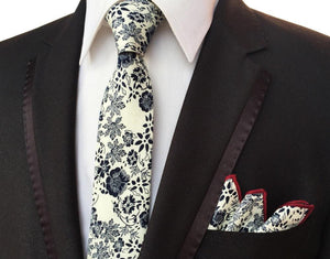 Cream & Blue Skinny Floral Tie Neckties JayKirbyTies 