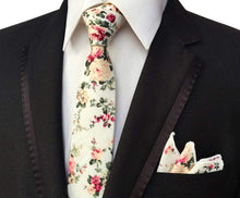Load image into Gallery viewer, Cream Floral Skinny Tie &amp; Pocket Square Tie + Square JayKirbyTies 