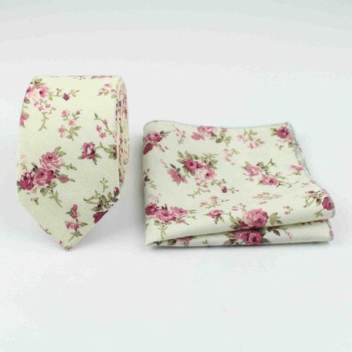 Cream/Beige Floral Skinny Tie & Pocket Square Tie + Square JayKirbyTies 