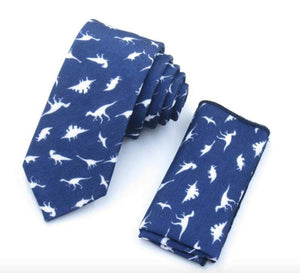 Dark Blue Dinosaur Tie & Pocket Square Tie + Square JayKirbyTies 