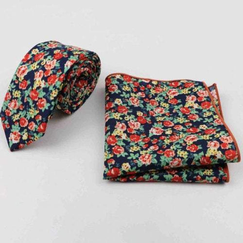 Dark Blue Floral Skinny Tie & Pocket Square Tie + Square JayKirbyTies 