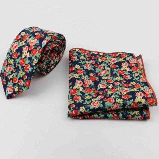 Dark Blue Floral Skinny Tie & Pocket Square Tie + Square JayKirbyTies 
