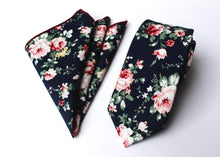 Load image into Gallery viewer, Dark Blue Floral Skinny Tie &amp; Pocket Square Tie + Square JayKirbyTies 