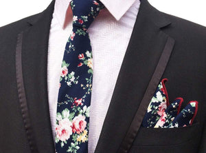 Dark Blue Floral Skinny Tie & Pocket Square Tie + Square JayKirbyTies 