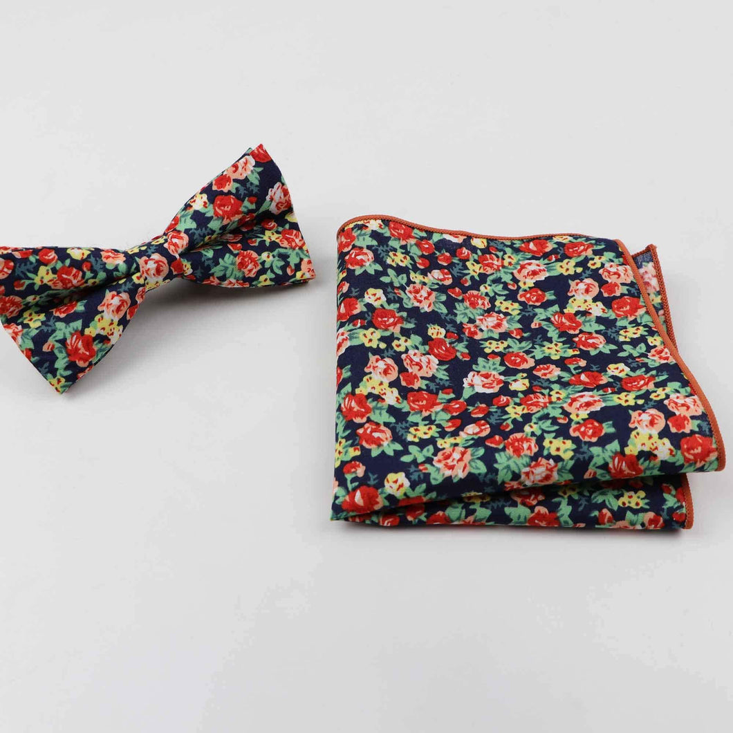 Dark Blue Multicolour Floral Bow Tie & Pocket Square Bow Tie + Square JayKirbyTies 