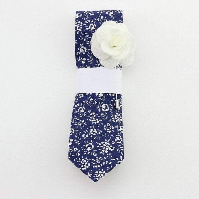 Dark Blue Navy Floral Skinny Tie & Lapel Pin Tie + Lapel Pin JayKirbyTies 