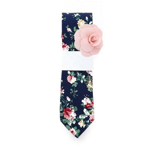 Dark Blue Navy Floral Skinny Tie & Lapel Pin Tie + Lapel Pin JayKirbyTies 