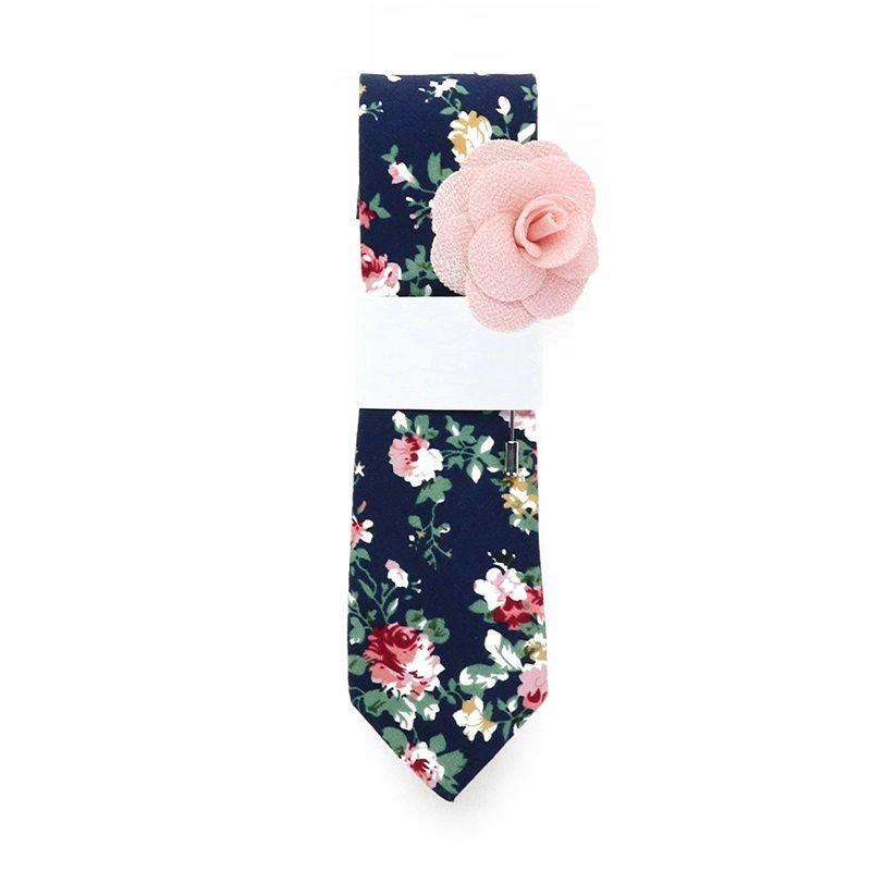Dark Blue Navy Floral Skinny Tie & Lapel Pin Tie + Lapel Pin JayKirbyTies 