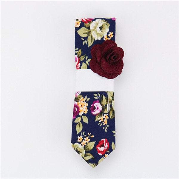 Dark Blue Navy Floral Skinny Tie & Lapel Pin Tie + Lapel Pin JayKirbyTies 