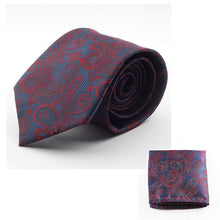 Load image into Gallery viewer, Dark Blue Red Jacquard Skinny Tie &amp; Pocket Square Tie + Square JayKirbyTies 