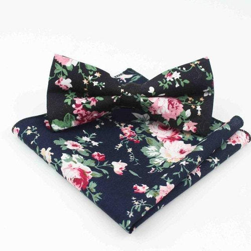 Dark Navy Blue Rose Floral Bow Tie & Pocket Square Bow Tie + Square JayKirbyTies 