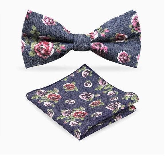 Denim Floral Bow Tie & Pocket Square Bow Tie + Square JayKirbyTies 