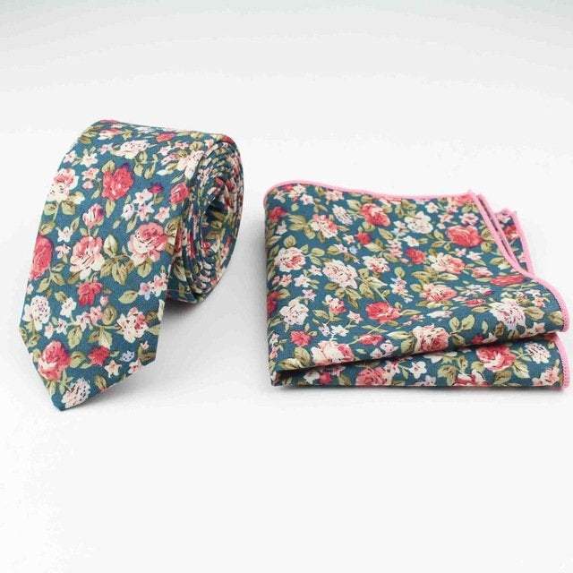 Floral Green Teal Skinny Tie & Pocket Square Tie + Square JayKirbyTies 