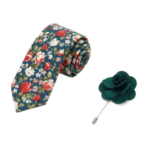 Green Floral Skinny Tie & Lapel Pin Tie + Lapel Pin JayKirbyTies 