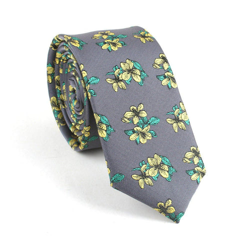 Grey & Yellow Floral Skinny Tie Neckties JayKirbyTies 