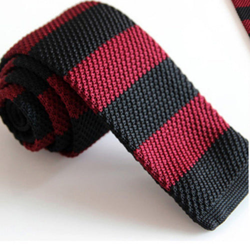 Knitted Black & Burgundy Striped Skinny Tie Neckties JayKirbyTies 
