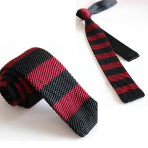 Knitted Black & Burgundy Striped Skinny Tie Neckties JayKirbyTies 