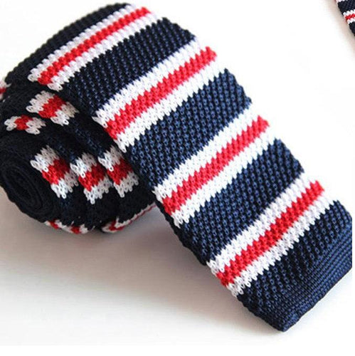 Knitted Navy & Red Striped Skinny Tie Neckties JayKirbyTies 