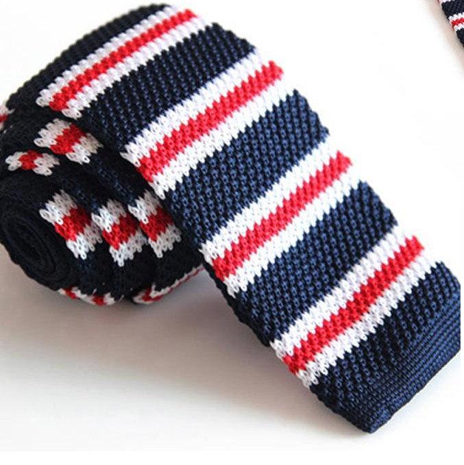 Knitted Navy & Red Striped Skinny Tie Neckties JayKirbyTies 