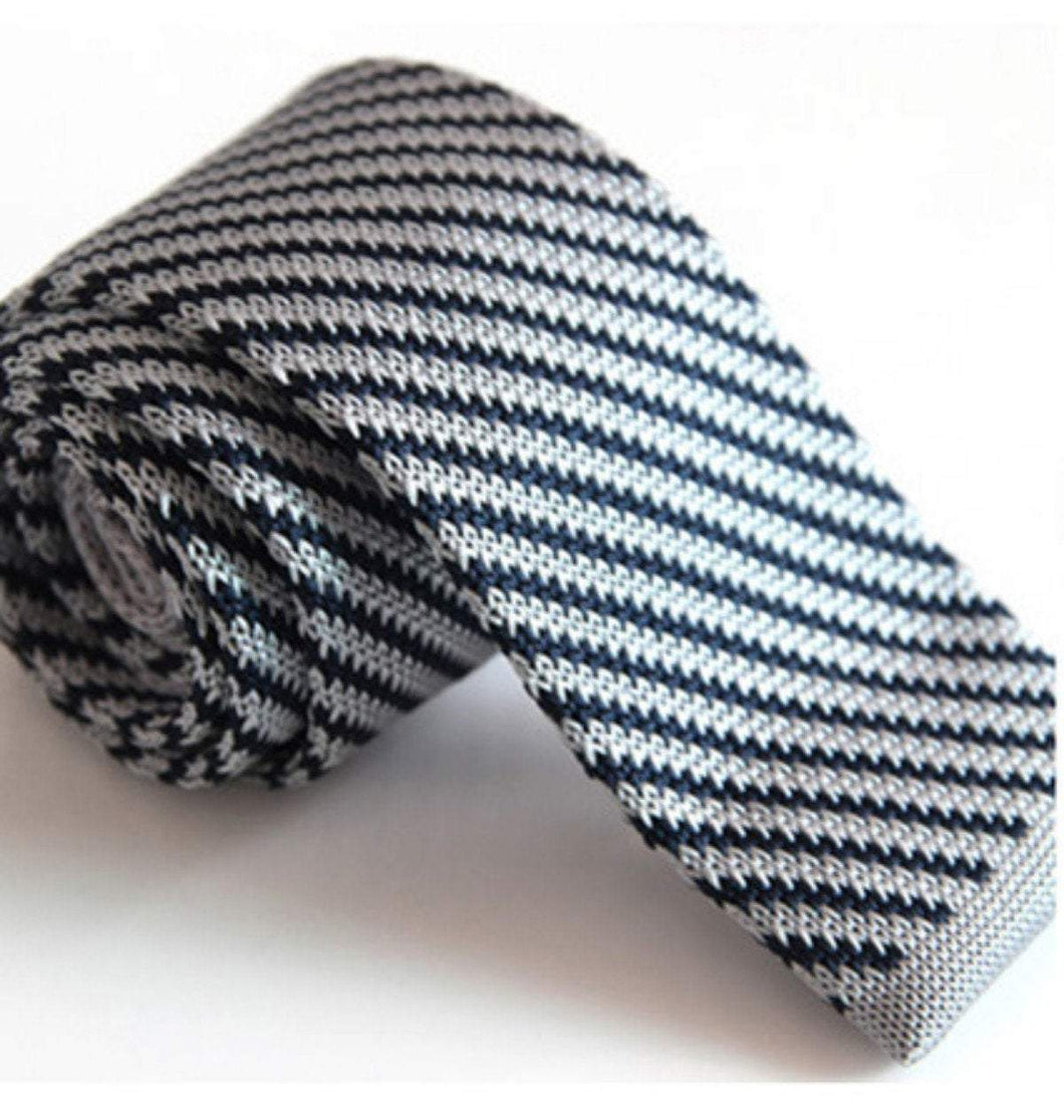 Knitted Silver & Blue Striped Skinny Tie Neckties JayKirbyTies 